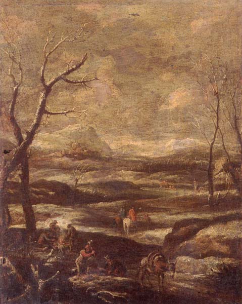 A winter landscape with woodcutters and travellers